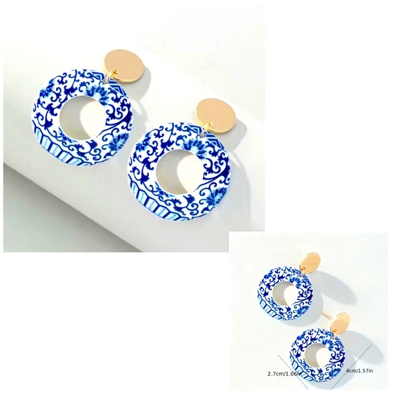 Jewelry - Blue and Gold Acrylic Patterned Earrings
